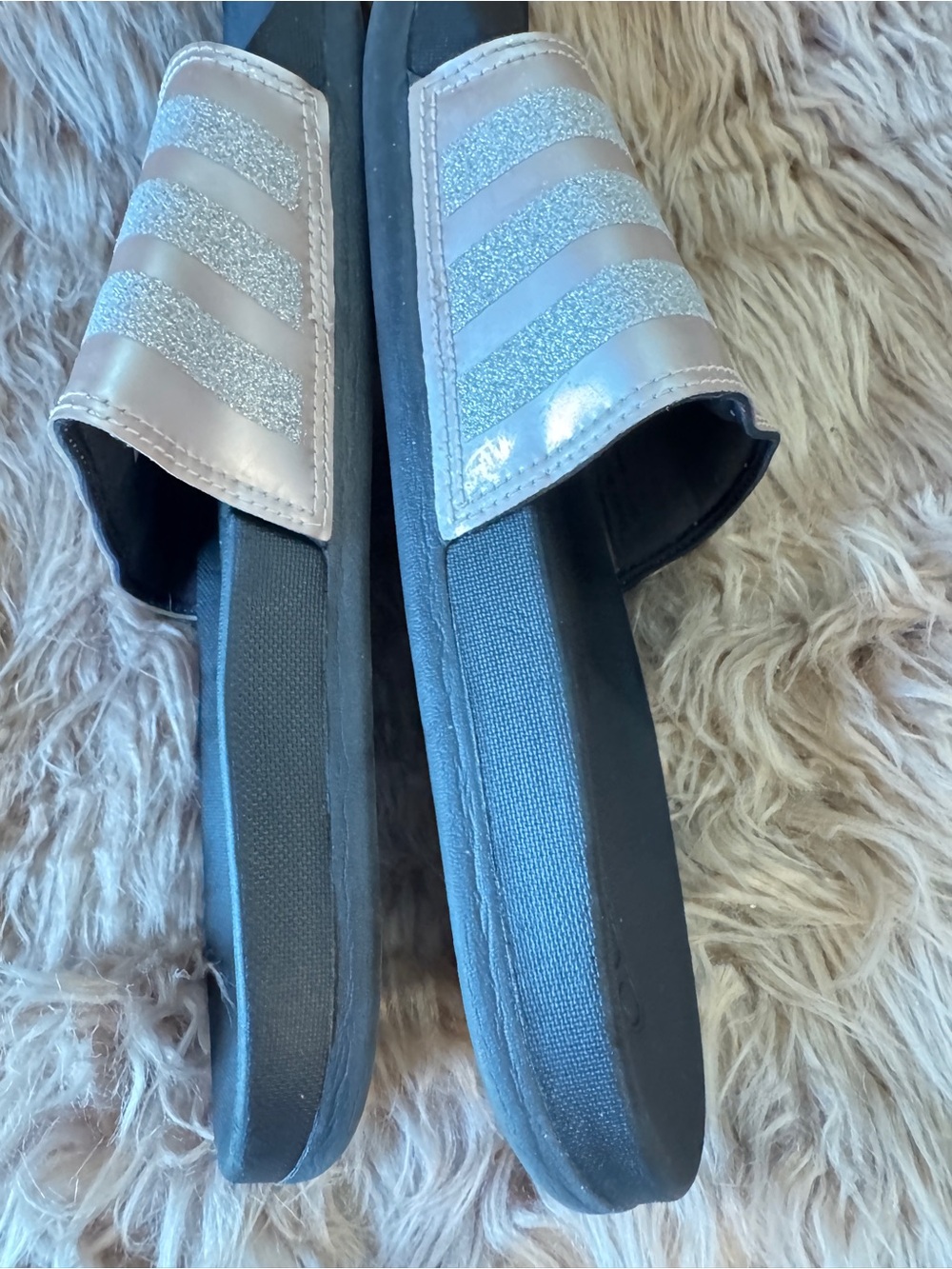 adidas Black Slides with Rose Gold & silver Metallic Straps Sz 7 EUC - Picture 6 of 6